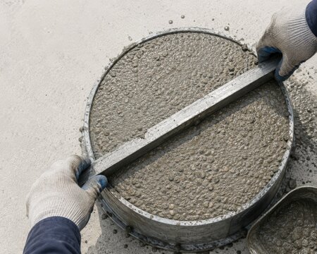 Concrete air content testing - hands striking off a fresh sample
