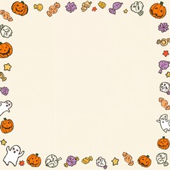 Fototapeta premium Halloween frame border background cute pumpkins ghosts copy space frame template 