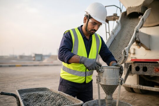 Concrete air content testing - a ready mix technician clamping a meter