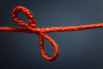Red rope tied into a simple knot against a dark background, decorative knot. © ketrin