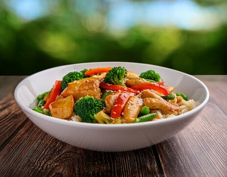 white ceramic bowl filled with chop suey featuring chicken vegetables and rice on a wooden table with a blurred background of greenery