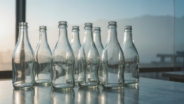 Clear glass bottles catching soft window light