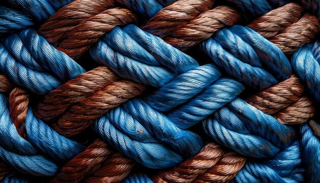 close up view of blue and brown braided rope showing intricate twisted fiber texture pattern