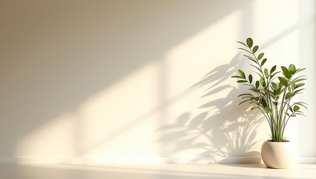Green zamioculcas plant in a round pot sitting by a sunlit wall with soft window shadows