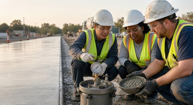 Concrete air content testing - a technician and paving inspector at a completed test