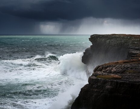 lone cliff edge overlooks stormy ocean with dark skies and massive waves crashing below in a dramatic landscape scene