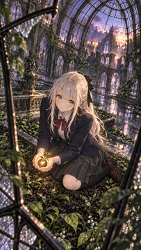 Anime girl with a glowing orb in an overgrown Gothic greenhouse，植物に覆われたゴシック温室で光る球体を両手に持つアニメの少女