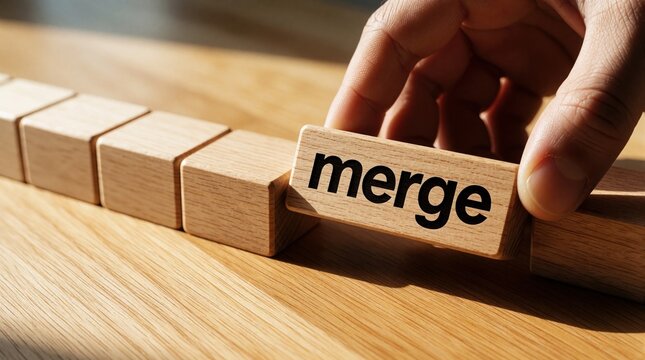 Human hand places wooden block with merge text between two rows of blocks. Close up shot shows business integration concept. Person connects wooden pieces to symbolize company merger, strategic