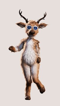 Cute Cartoon 3D Reindeer Dancing in Sunglasses, Funny Christmas Character Isolated on White Background