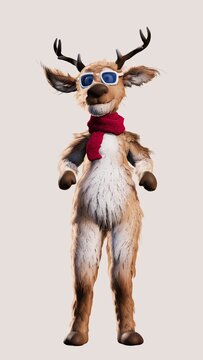 Cute Cartoon 3D Reindeer Dancing in Sunglasses, Funny Christmas Character Isolated on White Background