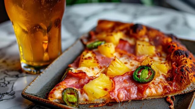 Pizza slice with pineapple and jalapeno on dark plate