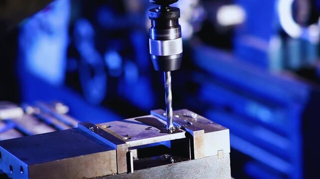 Close-up of Metal Drilling Machine Process in Workshop with Blue Lighting
