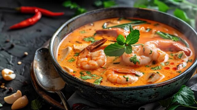 Close-up of Steaming Tom Yum Goong Soup with Shrimp