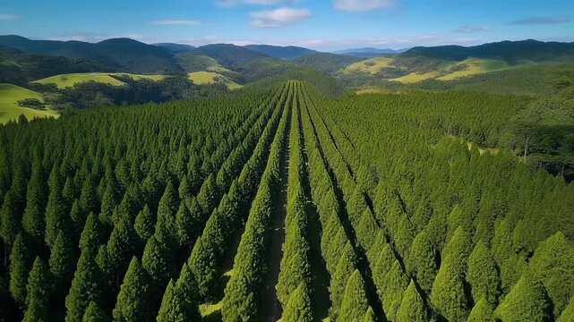 An aerial view of a vast forest plantation featuring perfectly aligned rows of tall, conical evergreen trees receding into the distance under a bright sky.