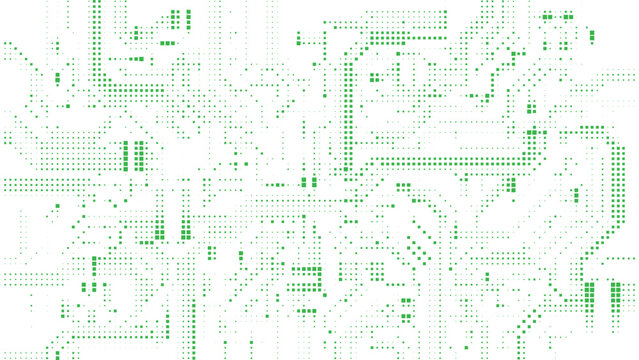 Green halftone square pattern forming an abstract circuit board design background