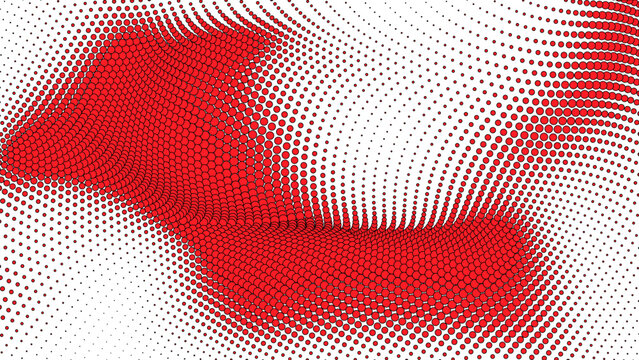 Red halftone dot pattern forming a dynamic abstract 3D wave background