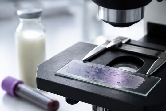 Milk somatic cell testing - a stained film on a microscope stage