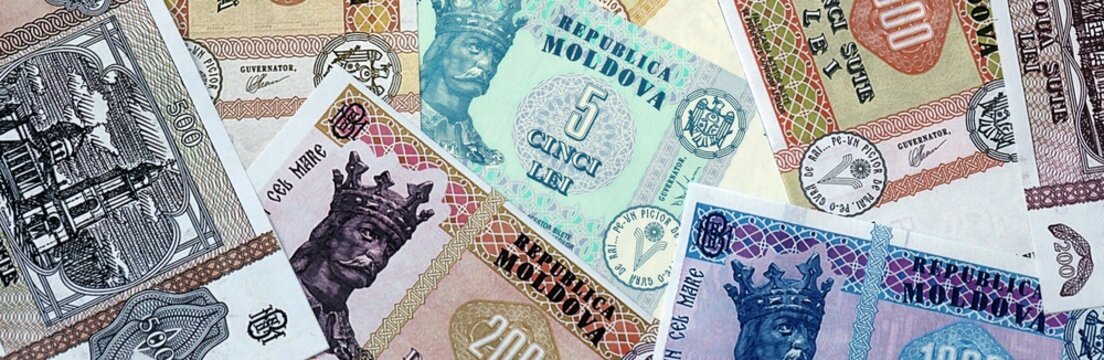 Moldovan leu money bills in pile. Big amount of Moldova MDL currency cash close up