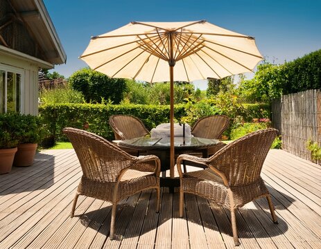 garden furniture rattan chairs and table under umbrella on a w