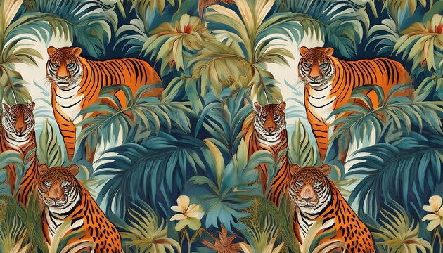 jungle toile jungle seamless pattern tropical palm tree plants tiger leopard zebra animals wallpaper