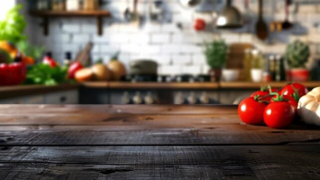 Cherry Tomatoes and Garlic on a Rustic Wooden Table in a Blurred Kitchen