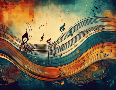 flowing lines of grunge musical notation and scattered notes form an artistic and textured background pattern