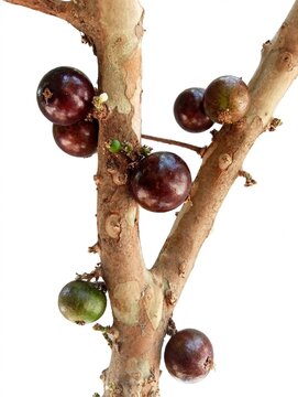Jaboticaba fruit, Brazilian grape tree, Plinia cauliflora fruits growing on trunk isolated on white background