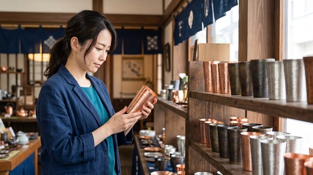 Handcrafted copper cup shopping, Traditional hammered metalware selection, Japanese artisan craft store, Warm metallic drinkware display, retail lifestyle
