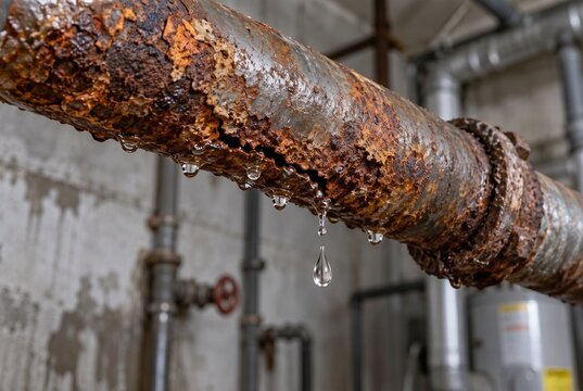 Severely Corroded Rusty Water Pipe Leaking in Industrial Building, Plumbing Damage and Infrastructure Failure