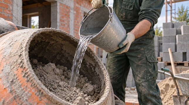 Construction Worker Pouring Water into Concrete Mixer While Preparing Cement Mortar at Building Site
