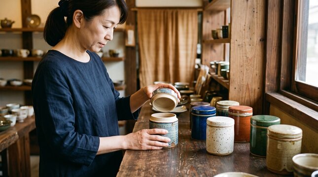Ceramic tea caddy shopping, Traditional handcrafted storage jar, Japanese pottery craft store, Colorful glazed container selection, retail lifestyle