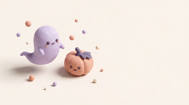 Cute 3D pastel clay Halloween ghost and mini pumpkin with floating spheres on cream background.