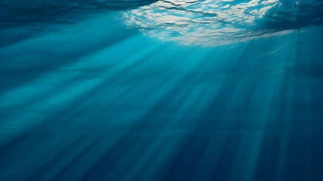 Sunlight streams through the ocean depths, illuminating the deep blue water with shifting patterns.