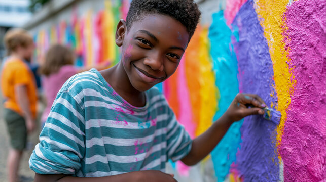 Happy African American Boy Painting Colorful Rainbow Wall Mural with School Friends