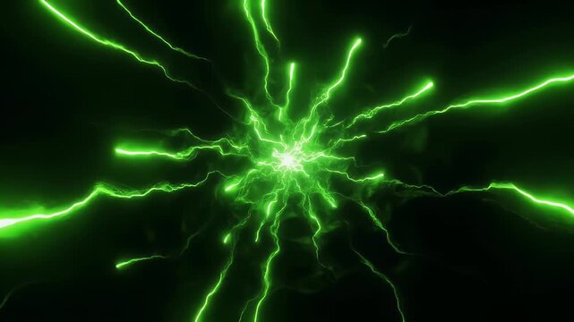 A dynamic visualizer featuring an abstract energy storm with radiating green lightning bolts against a dark background.