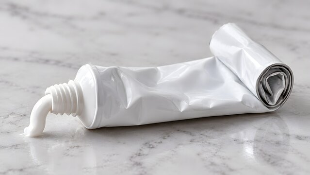 Crushed White Cosmetic Tube with Cream on Marble Surface