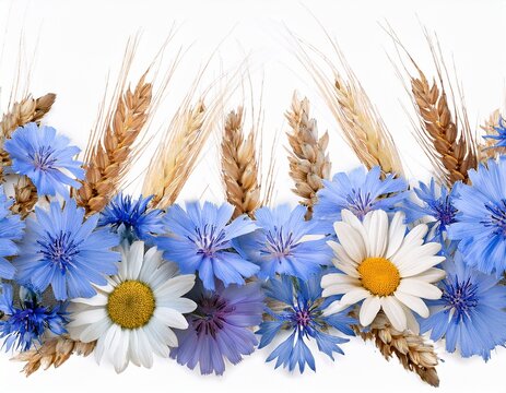 horizontal seamless border with white daisies blue chicory flowers and ears of wheat floral garland