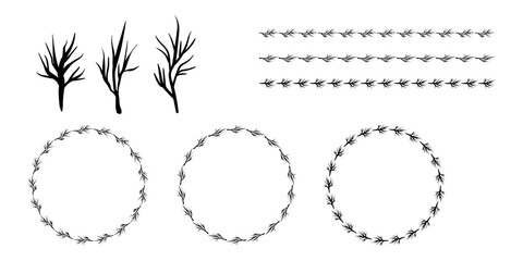 Fototapeta premium Hand drawn plants, dividers, wreaths, border frames. Circle floral frame with leaves on white background. Vector hand drawn illustration for wallpaper, posters, card. Copy space. Doodle style.