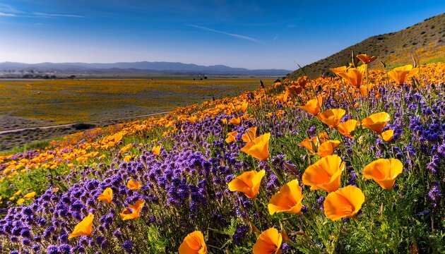 california golden poppy and phacelia minor blooming in chino hills state park california