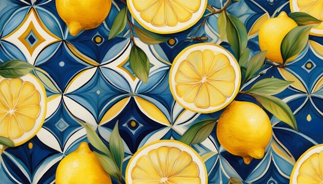 blue italian geometric tiles yellow lemons seamless pattern amalfi coast summer wallpaper