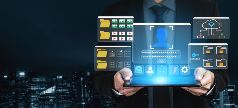Advanced Cybersecurity Concept with Facial Recognition Technology and Data Management Interface for Modern Business Applications Haptic.