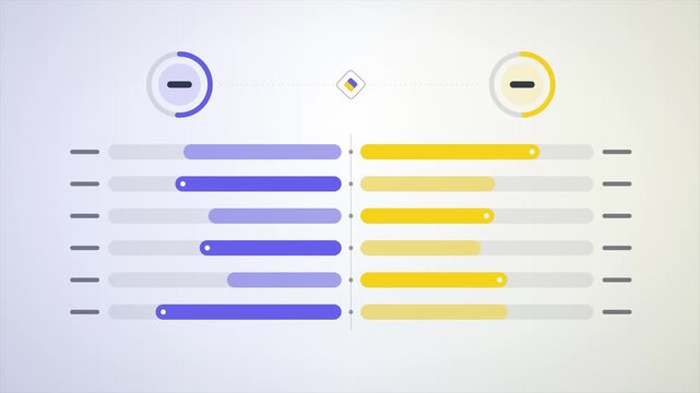 Soft Pastel Purple and Yellow Dual Bar Chart Comparison Animation with Ring Gauges on White Clean Interface Loop