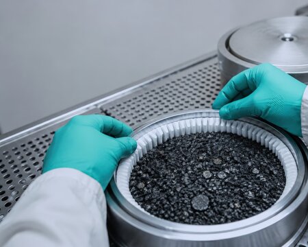 Asphalt binder extraction testing - hands placing an extractor filter ring