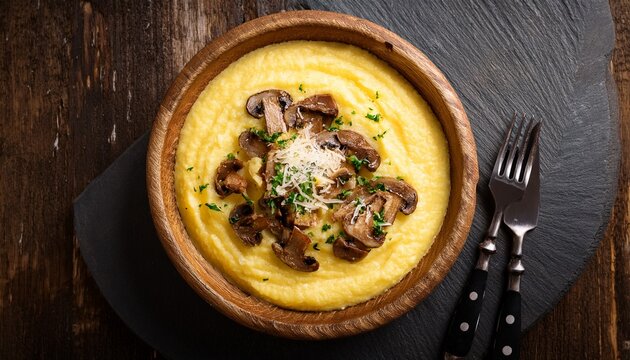 creamy polenta with saut ed mushrooms and parmesan cheese rustic wooden bowl overhead view