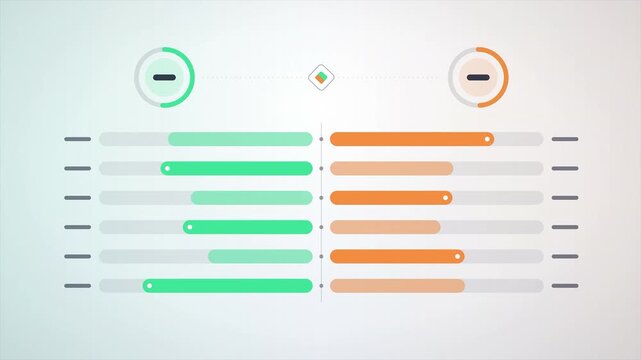 Bright Minimal Green versus Orange Animated Statistics Bars with Donut Progress Circles on Light Pastel Background Loop