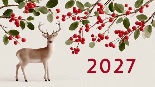 Graceful deer stands under red berry branches. Berries glow with festive charm. Year 2027 boldly appears in red. Perfect for holiday calendars or seasonal greetings