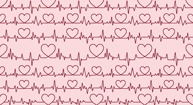 Seamless pattern of red heart shapes and ekg lines on pink