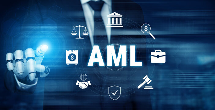 Businessman Touching Technology Interface with Icons Representing Anti-Money Laundering Policies and Financial Regulations for Compliance Strategies. Glyphic.