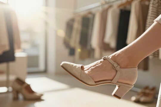 Beige suede heel on foot in fashion boutique, woman trying comfortable shoes for elegant wedding attire, stylish neutral wardrobe styling showroom, d Orsay pumps featuring delicate ankle strap and sturdy block heel capture modern minimalism and timeless apparel design, soft daylight streams through storefront glazing creating golden lens flares on garment racks, sensory experience of tactile consumer decision making during seasonal clothes fitting, juxtaposition between ergonomic footwear craftsmanship and sophisticated lifestyle aesthetics, retail merchandising environment displaying curated capsule collections, physical shopping ritual representing conscious consumerism over anonymous digital commerce, close view emphasizing graceful leg posture and footwear silhouette, harmonious pastel tones accentuating quiet luxury fashion trends, personal styling consultation for bridal party or ceremonial celebrations, warm interior illumination highlighting premium texture of velvety nubuck leather, AI-generated, AI generated