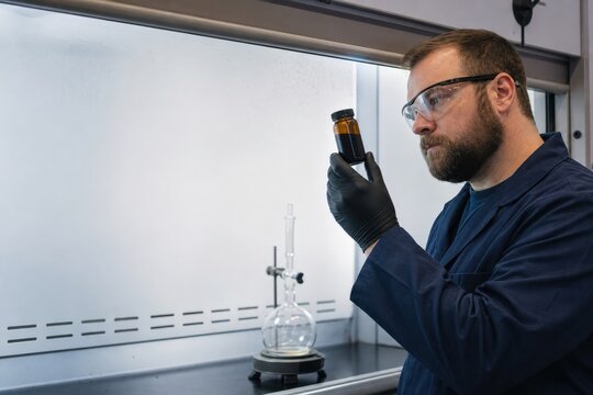 Asphalt binder extraction testing - a technician inspecting a sealed recovery vial